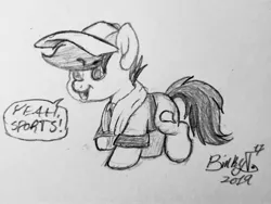 Size: 2864x2148 | Tagged: safe, artist:binkyt11, derpibooru import, quibble pants, earth pony, pony, common ground, beanbrows, chibi, eyebrows, male, monochrome, signature, solo, speech bubble, sports, stallion, that was fast, traditional art