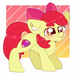 Size: 2000x2000 | Tagged: safe, artist:etoz, derpibooru import, apple bloom, earth pony, pony, :p, abstract background, adorabloom, backwards cutie mark, belly fluff, blushing, bow, chest fluff, cute, cutie mark, ear fluff, female, filly, floppy ears, fluffy, gradient background, high res, looking up, mlem, silly, smiling, smirk, solo, the cmc's cutie marks, tongue out