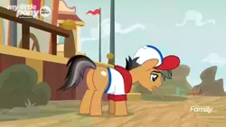 Size: 604x340 | Tagged: safe, derpibooru import, screencap, quibble pants, earth pony, pony, common ground, baseball cap, butt, cap, clothes, dejected, hat, male, plot, shirt, solo, stallion, thicc ass