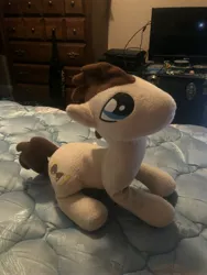 Size: 3024x4032 | Tagged: safe, artist:undeadponysoldier, derpibooru import, photographer:undeadponysoldier, doctor whooves, time turner, pony, bag, bed, drawer, irl, male, no mouth, photo, playstation, plushie, solo, stallion, television, xbox one