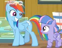 Size: 846x664 | Tagged: safe, derpibooru import, screencap, rainbow dash, wind sprint, pegasus, pony, common ground, auntie dashie, big grin, cropped, cute, dashabetes, duo, female, filly, foal, grin, mare, smiling