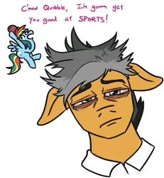 Size: 743x804 | Tagged: safe, artist:jargon scott, derpibooru import, quibble pants, rainbow dash, earth pony, pegasus, pony, common ground, bags under eyes, ball, bloodshot eyes, duo, female, floppy ears, just, just fuck my shit up, lidded eyes, male, mare, meme, ponified meme, simple background, sports, stallion, tired, white background