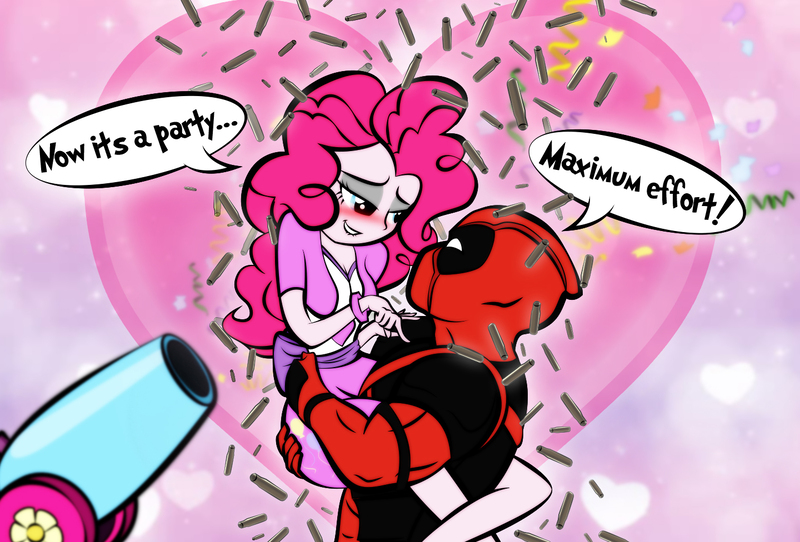 Size: 1440x976 | Tagged: safe, artist:dan232323, derpibooru import, pinkie pie, human, equestria girls, blushing, breasts, bullet casing, butt touch, cleavage, confetti, crack shipping, crossover, crossover shipping, deadpool, dialogue, female, hand on butt, heart, holding, lip bite, love, male, older, party cannon, pinkiepool (pairing), shipping, straight