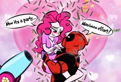 Size: 1440x976 | Tagged: safe, artist:dan232323, derpibooru import, pinkie pie, human, equestria girls, blushing, breasts, bullet casing, butt touch, cleavage, confetti, crack shipping, crossover, crossover shipping, deadpool, dialogue, female, hand on butt, heart, holding, lip bite, love, male, older, party cannon, pinkiepool (pairing), shipping, straight