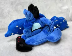 Size: 1200x926 | Tagged: safe, artist:atelok, derpibooru import, princess luna, alicorn, pony, gamer luna, controller, cute, eyes closed, eyeshadow, female, irl, jewelry, lunabetes, makeup, photo, plushie, regalia, sleeping, solo