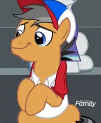 Size: 883x1079 | Tagged: safe, derpibooru import, screencap, quibble pants, earth pony, pony, common ground, baseball cap, cap, clothes, crying, discovery family logo, hat, liquid pride, male, scarf, shirt, solo focus, stallion, tears of joy