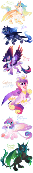 Size: 916x4765 | Tagged: alicorn, alternate design, artist:hioshiru, bubblegum, catlestia, chest fluff, crown, curved horn, cute, cutedance, cutelestia, derpibooru import, ear fluff, fangs, female, fluffy, food, gum, horn, jewelry, leg fluff, leonine tail, multicolored mane, paws, princess cadance, princess celestia, princess flurry heart, princess luna, queen chrysalis, regalia, safe, simple background, species swap, sphinx, sphinxified, tail fluff, twilight sparkle, twilight sparkle (alicorn), underpaw, white background