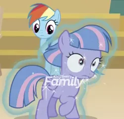 Size: 804x771 | Tagged: safe, derpibooru import, screencap, rainbow dash, wind sprint, pegasus, pony, common ground, season 9, spoiler:s09, auntie dashie, cropped, discovery family logo, female, filly, foal, magic, magic aura, mare, raised hoof, solo focus, wide eyes