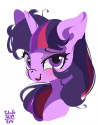 Size: 800x1024 | Tagged: safe, artist:tohupo, derpibooru import, twilight sparkle, twilight sparkle (alicorn), alicorn, pony, blushing, bust, female, looking at you, mare, messy mane, portrait, simple background, smiling, solo, three quarter view, white background