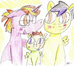 Size: 1298x1164 | Tagged: safe, artist:ptitemouette, derpibooru import, oc, oc:guacamole, oc:hurricane salsa, oc:summer solstice, unofficial characters only, pony, father and child, father and son, glasses, like father like son, male, oc x oc, offspring, offspring's offspring, parent:oc:feather storm, parent:oc:hurricane salsa, parent:oc:saphire ring, parent:oc:summer solstice, parent:oc:sunny jewel, parent:oc:tutu, parents:oc x oc, shipping, traditional art