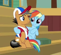 Size: 704x633 | Tagged: safe, derpibooru import, screencap, quibble pants, rainbow dash, earth pony, pegasus, pony, common ground, baseball cap, book, cap, clothes, cropped, duo, female, hat, male, mare, shirt, sitting, stairs, stallion