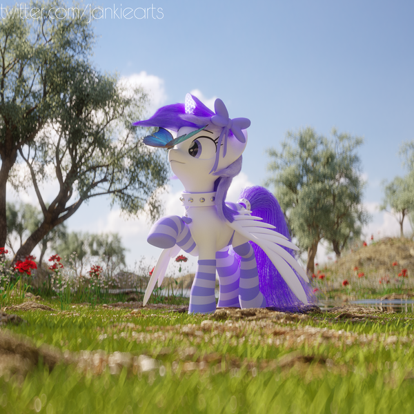 Size: 3000x3000 | Tagged: safe, artist:jankiefx, derpibooru import, oc, unofficial characters only, butterfly, pony, 3d, bow, butterfly on nose, cinema4d, clothes, female, grass, insect on nose, mare, scenery, socks, solo, striped socks, tree