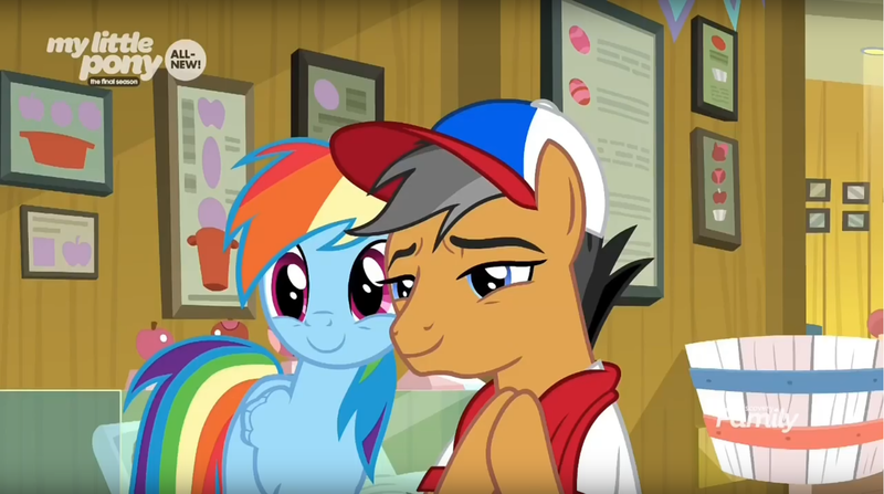 Size: 1680x938 | Tagged: safe, derpibooru import, screencap, quibble pants, rainbow dash, earth pony, pegasus, pony, common ground, baseball cap, basket, buckball museum, cap, clothes, cute, dashabetes, duo, female, hat, male, mare, shirt, stallion