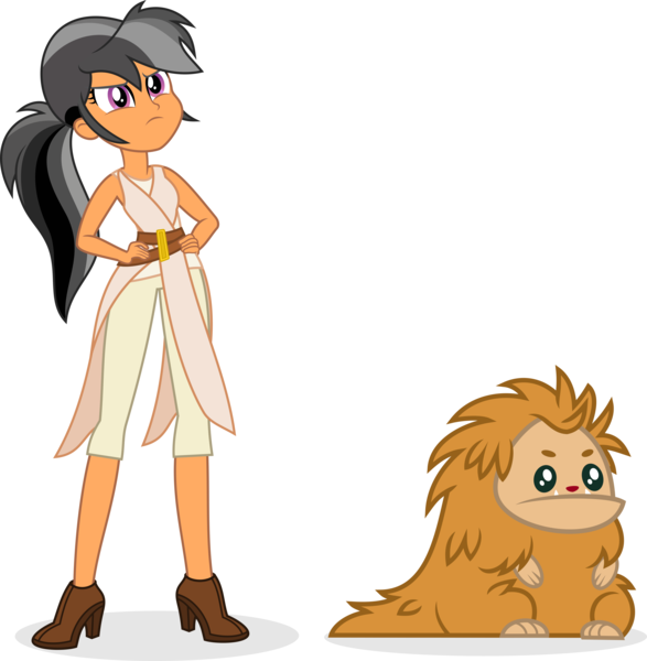 Size: 5719x5841 | Tagged: safe, artist:punzil504, derpibooru import, chestnut magnifico, daring do, pukwudgie, equestria girls, chewbacca, clothes, duo, female, hands on hip, high heels, rey, shoes, simple background, star wars, transparent background