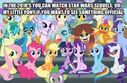 Size: 636x417 | Tagged: safe, derpibooru import, edit, edited screencap, screencap, applejack, fluttershy, gallus, huckleberry, november rain, ocellus, pinkie pie, rainbow dash, rarity, sandbar, silverstream, smolder, spike, starlight glimmer, twilight sparkle, twilight sparkle (alicorn), yona, alicorn, changedling, changeling, classical hippogriff, dragon, earth pony, gryphon, hippogriff, pegasus, pony, unicorn, yak, school daze, bow, caption, cast, cloven hooves, colored hooves, cowboy hat, dragoness, female, friendship student, hair bow, hat, image macro, jewelry, male, mane eight, mane seven, mane six, mare, monkey swings, necklace, reaction image, student six, teenager, text, wall of tags