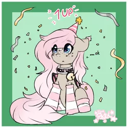 Size: 2000x2000 | Tagged: safe, artist:pastel-pony-princess, derpibooru import, oc, oc:tiramisu, unofficial characters only, bat pony, pony, 1 up, bell, bell collar, birthday, clothes, collar, confetti, confused, heart eyes, sitting, socks, solo, streamers, striped socks, text, wingding eyes