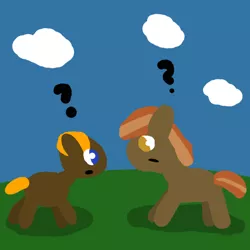 Size: 1000x1000 | Tagged: safe, artist:artdbait, derpibooru import, button mash, oc, oc:lil-k, pony, cloud, grass, mistaken identity, question mark, similarities, sky