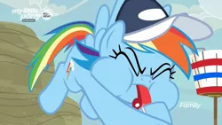 Size: 1600x900 | Tagged: safe, derpibooru import, screencap, rainbow dash, pegasus, pony, common ground, animation error, baseball cap, blowing, blowing whistle, cap, cartoonishly oversized cheeks, coach, coach rainbow dash, cute, dashabetes, discovery family logo, eyes closed, female, hat, mare, puffy cheeks, rainblow dash, rainbow dashs coaching whistle, solo, whistle, whistle necklace