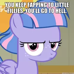 Size: 600x600 | Tagged: suggestive, derpibooru import, edit, edited screencap, screencap, wind sprint, pegasus, pony, common ground, caption, female, filly, foal, freckles, glare, image macro, implied masturbation, looking at you, mouthpiece, shaming, text, unamused, we are going to hell, wind sprint is not amused