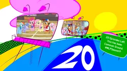 Size: 1152x648 | Tagged: safe, derpibooru import, screencap, clear sky, fluttershy, pinkie pie, quibble pants, rainbow dash, wind sprint, earth pony, pony, unicorn, common ground, billboard, glowing horn, horn, illustrator, mlp s9 countdown, photoshop, road, street sign