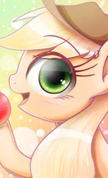 Size: 1440x2368 | Tagged: apple, applejack, artist:phoenixrk49, blushing, bust, cute, derpibooru import, eye clipping through hair, food, gradient background, jackabetes, open mouth, portrait, profile, safe, solo