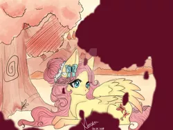 Size: 1280x960 | Tagged: safe, artist:xenxen-s2, derpibooru import, fluttershy, butterfly, pegasus, pony, alternate hairstyle, cute, deviantart watermark, female, forest, hair accessory, mare, obtrusive watermark, prone, shyabetes, solo, tree, watermark