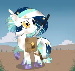 Size: 667x626 | Tagged: safe, artist:owlity, derpibooru import, oc, oc:wistful galaxy, bat pony, pony, bag, female, katana, mare, post-apocalyptic, solo, sword, the walking dead, weapon