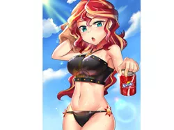 Size: 793x596 | Tagged: safe, artist:tzc, derpibooru import, edit, sunset shimmer, equestria girls, anime, belly button, breasts, busty sunset shimmer, clothes, female, midriff, soda, solo, sprite cranberry, summer sunset, swimsuit