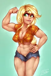 Size: 2272x3392 | Tagged: abs, adorasexy, applejack, applejacked, artist:drizziedoodles, belly button, breasts, busty applejack, cleavage, clothes, cute, daisy dukes, denim shorts, derpibooru import, female, flannel, flexing, freckles, front knot midriff, hair tie, hand on hip, human, humanized, jackabetes, midriff, muscles, muscular female, pubic hair, pubic hair slip, sexy, shirt, shorts, smiling, solo, solo female, suggestive