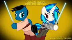 Size: 3840x2160 | Tagged: safe, artist:agkandphotomaker2000, derpibooru import, vinyl scratch, oc, oc:pony video maker, pony, canon x oc, female, jedi, lightsaber, male, may the fourth be with you, shipping, star wars, straight, videoscratch, weapon, wrong eye color