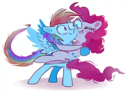 Size: 772x612 | Tagged: safe, artist:pinkablue, derpibooru import, pinkie pie, rainbow dash, earth pony, pegasus, pony, blushing, female, hug, lesbian, mare, one eye closed, open mouth, pinkiedash, shipping, simple background, smiling, spread wings, white background, wings