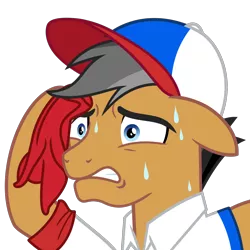 Size: 1500x1500 | Tagged: safe, artist:cheezedoodle96, derpibooru import, quibble pants, earth pony, pony, common ground, .svg available, baseball cap, cap, clothes, floppy ears, grimace, gritted teeth, hat, male, meme, nervous, reaction image, shirt, simple background, solo, stallion, svg, sweat, sweating towel guy, towel, transparent background, vector