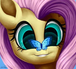Size: 5500x5000 | Tagged: safe, artist:lavenderheartsmlp, derpibooru import, fluttershy, butterfly, pony, absurd resolution, bust, butterfly on nose, close-up, cute, insect on nose, portrait, shyabetes, solo