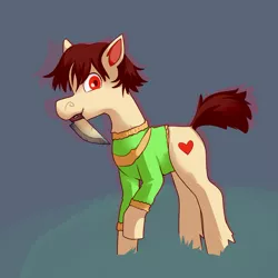 Size: 1920x1920 | Tagged: safe, artist:lawrence alpaca, derpibooru import, ponified, earth pony, pony, aura, chara, jumper, knife, mouth hold, solo, undertale