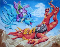 Size: 800x635 | Tagged: artist:zene, derpibooru import, dragon, oc, princess ember, safe, skydiving, spike, unnamed oc