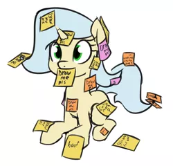 Size: 1366x1310 | Tagged: safe, artist:wenni, derpibooru import, oc, oc:posty, unofficial characters only, pony, unicorn, colored sketch, female, simple background, sitting, solo, sticky note, white background