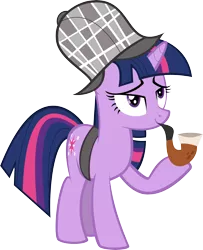 Size: 5602x6911 | Tagged: safe, artist:flizzick, derpibooru import, twilight sparkle, pony, unicorn, mmmystery on the friendship express, bubble pipe, deerstalker, detective, female, hat, hoof hold, lidded eyes, mare, pipe, quite, simple background, smiling, solo, transparent background, unicorn twilight, vector
