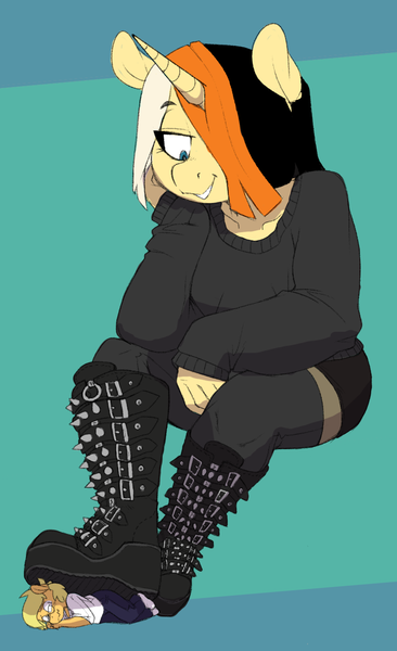 Size: 846x1385 | Tagged: anthro, anthro oc, artist:hgrobo, artist:whydomenhavenipples, boots, clothes, colored, color edit, derpibooru import, edit, goth, micro, oc, oc:golden age, oc:paige, plantigrade anthro, shoes, size difference, socks, suggestive, sweater, unofficial characters only