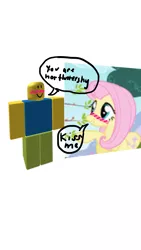 Size: 1500x2668 | Tagged: safe, derpibooru import, edit, edited screencap, screencap, fluttershy, pony, 1000 hours in ms paint, blushing, crack shipping, mr. oof, roblox, shipping