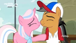 Size: 1366x768 | Tagged: safe, derpibooru import, screencap, clear sky, quibble pants, earth pony, pony, unicorn, common ground, cap, discovery family logo, female, happy, hat, male, nuzzling, quibblesky, shipping, straight, towel