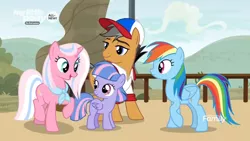 Size: 1366x768 | Tagged: safe, derpibooru import, screencap, clear sky, quibble pants, rainbow dash, wind sprint, earth pony, pegasus, pony, unicorn, common ground, cap, clothes, discovery family logo, female, filly, foal, hat, male, mare, my little pony logo, neckerchief, quartet, shirt, stallion, towel
