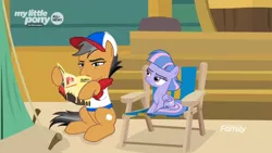 Size: 1366x768 | Tagged: safe, derpibooru import, screencap, quibble pants, wind sprint, earth pony, pegasus, pony, common ground, brochure, camping, chair, discovery family logo, museum, squint, stairs, tent, unimpressed
