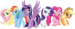 Size: 636x250 | Tagged: safe, artist:raccoonus-doodus, derpibooru import, applejack, fluttershy, pinkie pie, rainbow dash, rarity, twilight sparkle, twilight sparkle (alicorn), alicorn, earth pony, pegasus, pony, unicorn, my little pony: the movie, applejack's hat, cardboard twilight, cowboy hat, eyes closed, female, hat, lidded eyes, looking at you, mane six, mare, open mouth, simple background, sitting, smiling, spread wings, stock vector, transparent background, uvula, vector, wings