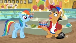 Size: 1366x768 | Tagged: safe, derpibooru import, screencap, quibble pants, rainbow dash, earth pony, pegasus, pony, common ground, ball, baseball cap, basket, cap, clothes, confused, discovery family logo, duo, female, glass case, hat, hoof hold, male, mare, museum, my little pony logo, picture frame, scarf, shirt, stallion, towel