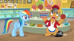 Size: 1366x768 | Tagged: safe, derpibooru import, screencap, quibble pants, rainbow dash, earth pony, pegasus, pony, common ground, ball, baseball cap, basket, buckball museum, cap, clothes, discovery family logo, duo, female, glass case, hat, male, mare, museum, my little pony logo, scarf, shirt, stallion, towel