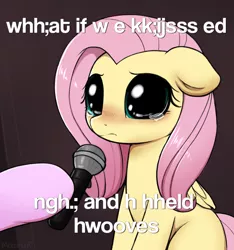 Size: 2655x2838 | Tagged: safe, artist:moozua, derpibooru import, fluttershy, pegasus, pony, big eyes, blushing, caption, crying, crying cat, cute, dilated pupils, engrish, female, floppy ears, hoof hold, hooves, image macro, lewd, looking at you, mare, meme, microphone, offscreen character, ponified animal photo, ponified meme, sad, sadorable, shyabetes, solo focus, teary eyes, text