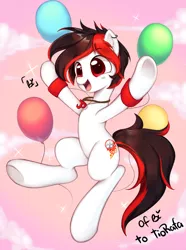 Size: 1280x1718 | Tagged: safe, artist:hibikiarts, derpibooru import, oc, oc:tiorafa, earth pony, pony, balloon, cloud, collar, happy, sky