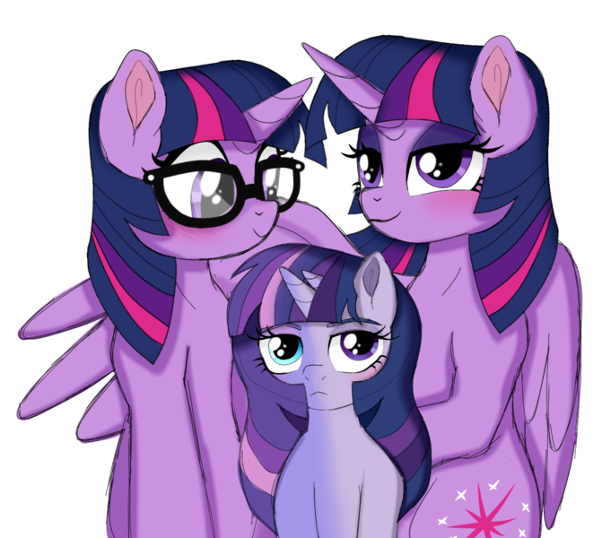 Size: 1199x1057 | Tagged: safe, artist:unoriginai, derpibooru import, sci-twi, twilight sparkle, twilight sparkle (alicorn), oc, oc:twilight zone, ponified, alicorn, bicorn, pony, unicorn, equestria girls, cloning, equestria girls ponified, family, female, goddamnit unoriginai, heterochromia, horn, hug, lesbian, magical lesbian spawn, multiple horns, offspring, parent:sci-twi, parent:twilight sparkle, parents:selfcest, parents:twitwi, product of incest, product of selfcest, self ponidox, selfcest, shipping, twitwi, twolight, unicorn sci-twi, winghug