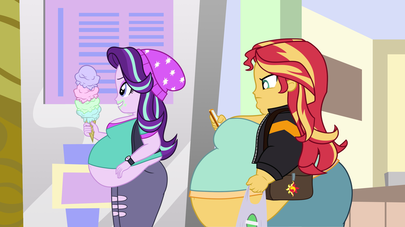 Size: 2560x1440 | Tagged: suggestive, artist:neongothic, derpibooru import, edit, edited screencap, screencap, starlight glimmer, sunset shimmer, equestria girls, mirror magic, spoiler:eqg specials, bbw, belly, big belly, breasts, chubby, chubby glimmer, double chin, fat, fat edit, food, ice cream, morbidly obese, nsfw edit, obese, slobset shimmer, ssbbw, starlard glimmer, story included, weight gain