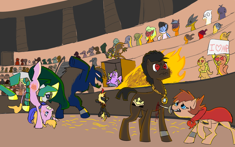 Size: 1920x1200 | Tagged: artist needed, safe, derpibooru import, oc, oc:electra pleiades, oc:helio lux, oc:metal phantasm, oc:orion, oc:papercut, oc:peregrine, oc:ring dancer, oc:spirit, pony, children of the night, ponyfinder, alchemist, apologetic, arena, brawler, cleric, critical hit, dungeons and dragons, fantasy class, fight, pen and paper rpg, rko outta nowhere, rogue, rpg, scar, scene, sorcerer, vigilante